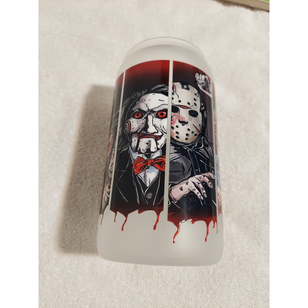 Horror Movie Characters Frosted Glass Tumbler with Straw & Bamboo Lid‎